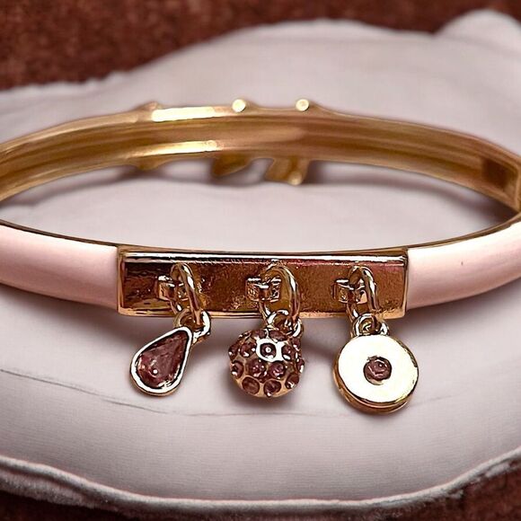 Pink Purple Rhinestone Gold Tone Dangle Clamper Bangle Bracelet NWOT - Picture 2 of 4